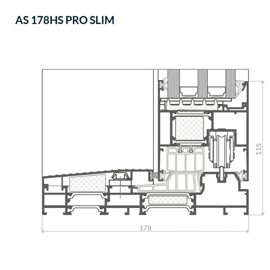 Przekrój przez drzwi przesuwne na poziomie posadzki