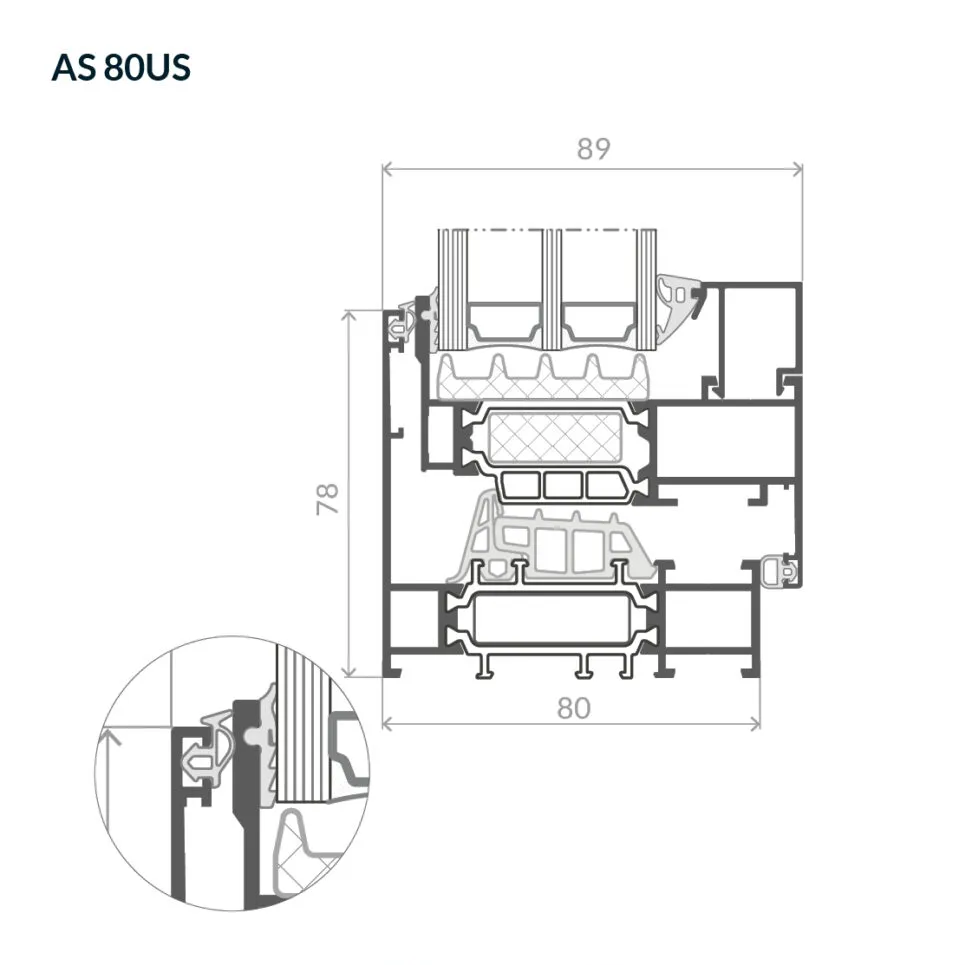 Przekrój przez okno otwierane z ukrytym skrzydłem